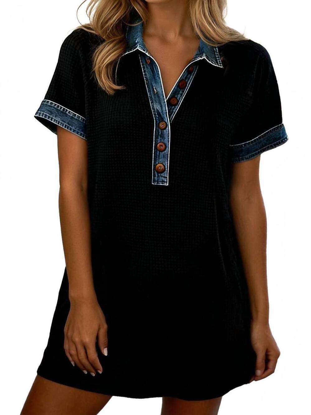 NEW 1 THE WOMAN waffle knit denim button polo dress in black/ blue